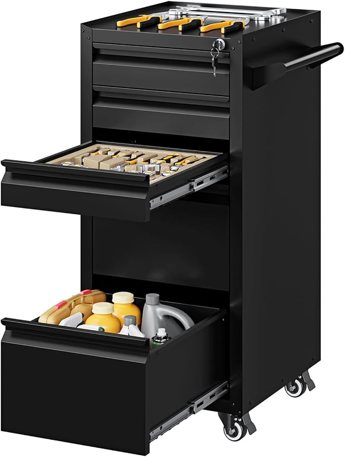 Yizosh 5-Drawer Metal Tool Storage Cabinet with Wheels,Rolling Tool Chest with Drawer and Locking Keys,Heavy Duty Tool Storage Organizer for Garage,Warehouse,Workshop
