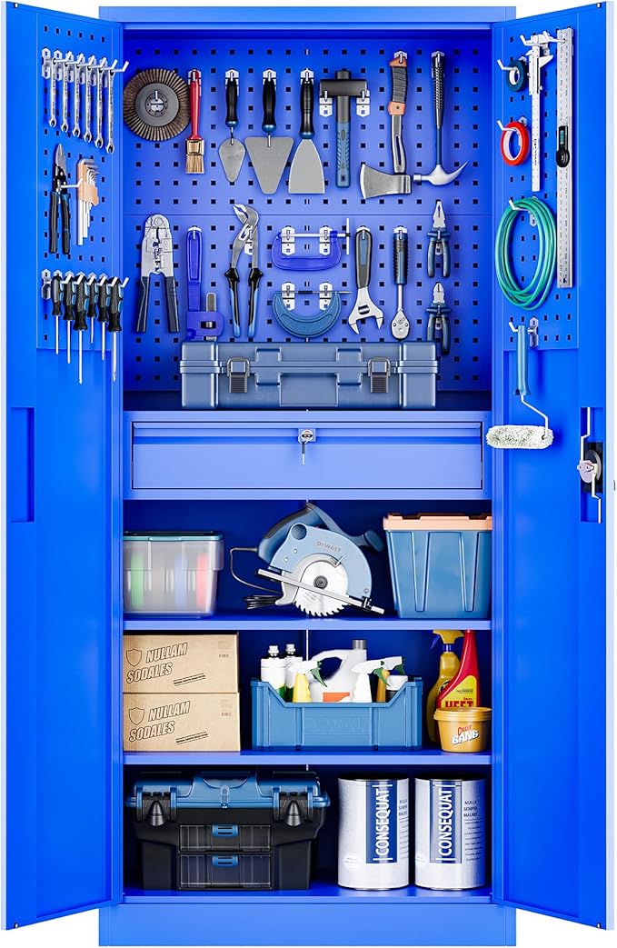 Yizosh Metal Garage Storage Cabinet with Locking Doors and Drawers, Heavy Duty Steel Tool Cabinet with Pegboard, 71" - Lockable Cabinets for Garage, Warehouse, Basement (Blue)
